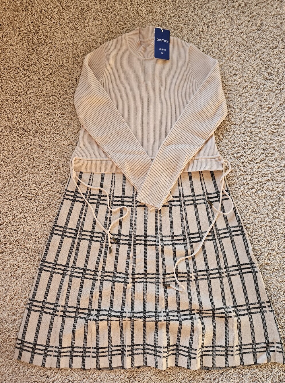 Cream Ribbed Knit Top with Plaid Skirt To Form A Dress